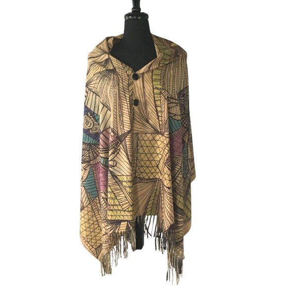 Cubist Abstract Art Line Drawing Flannel Buttoned Wrap Shawl Poncho Scarf - Picture 6 of 16
